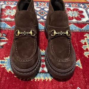 Brown Suede Loafers with Gold Detailing